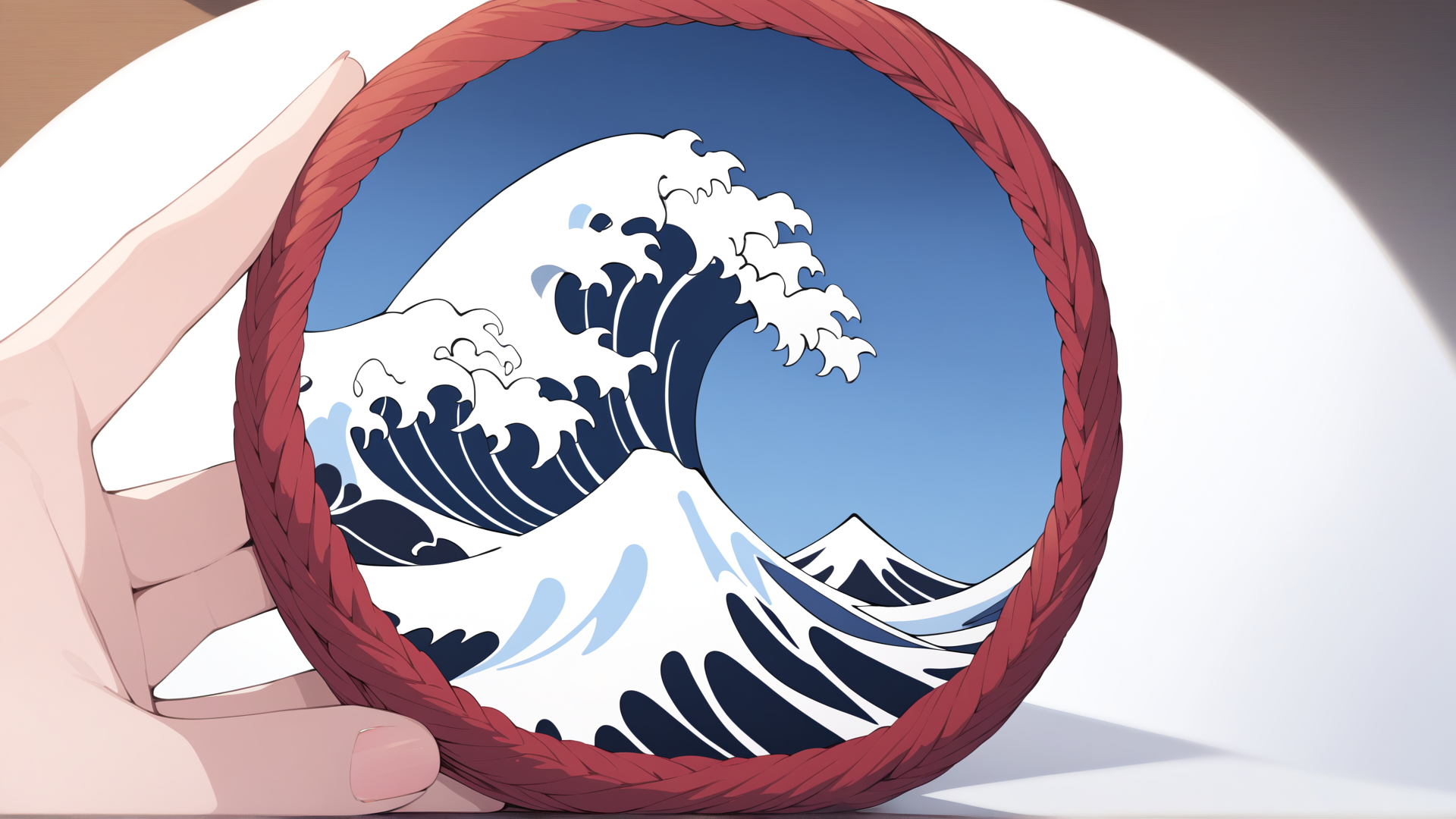 AI generated wallpaper featuring wave, hand, mountain