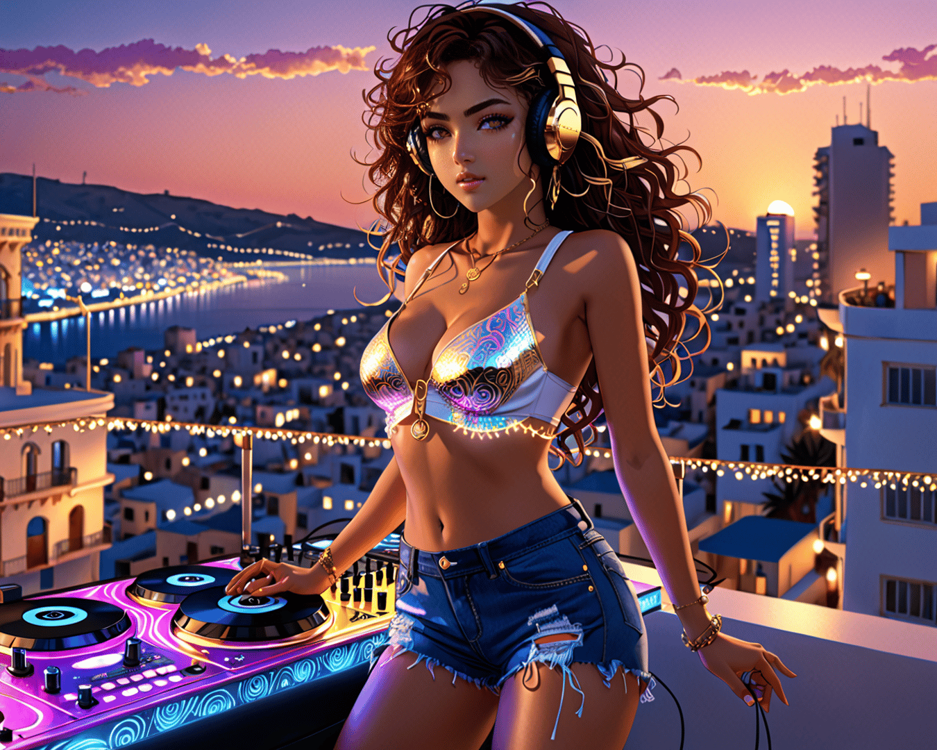 AI generated wallpaper featuring dj, woman, cityscape