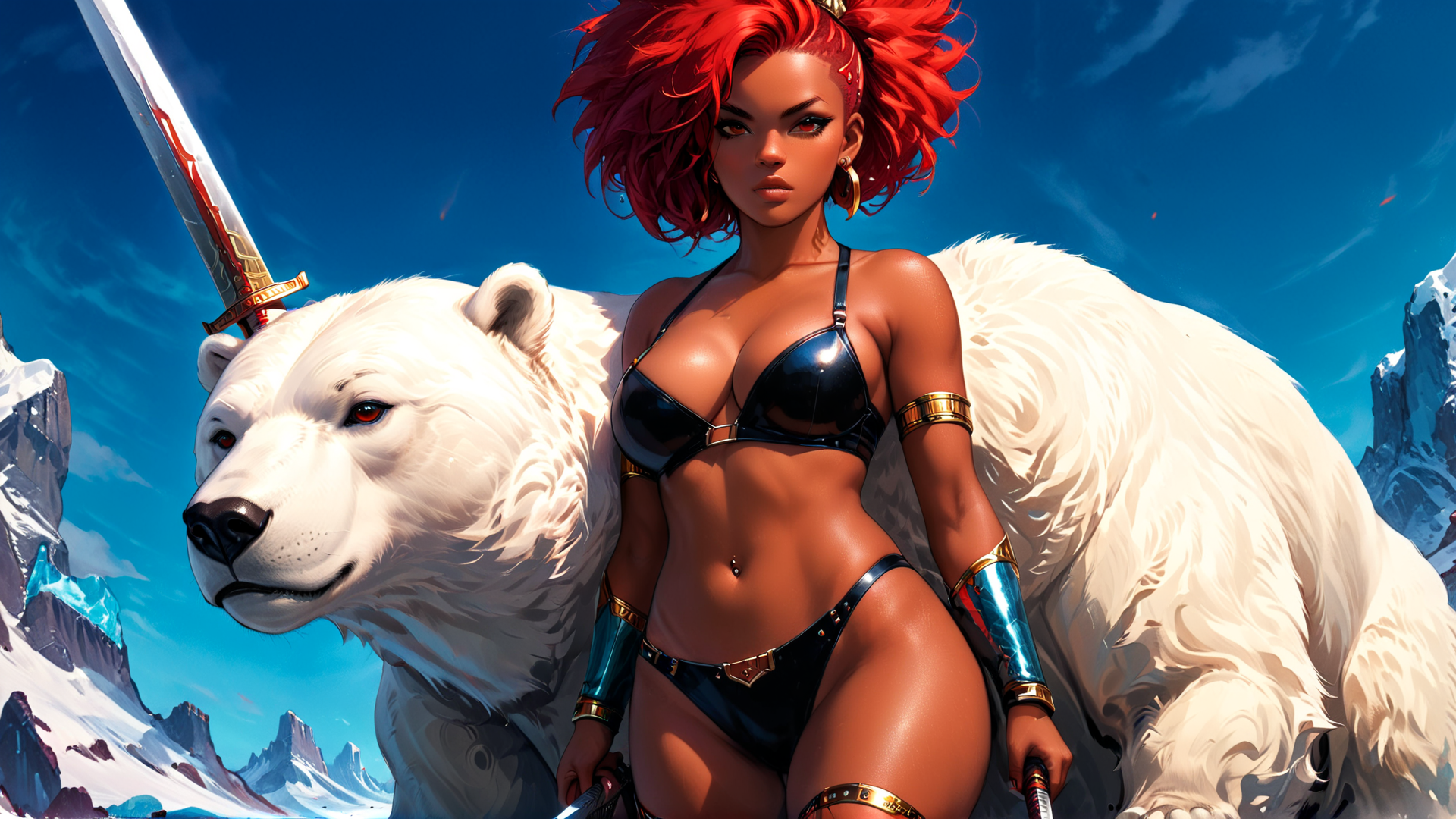 AI generated wallpaper featuring woman, polar bear, sword, armor, hair