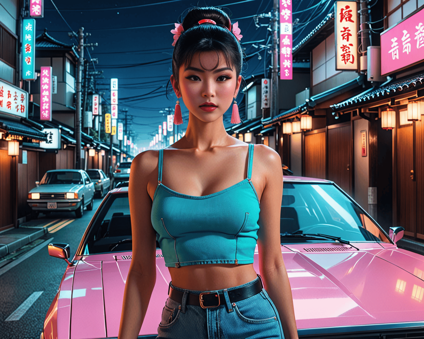 AI generated wallpaper featuring woman, car, street