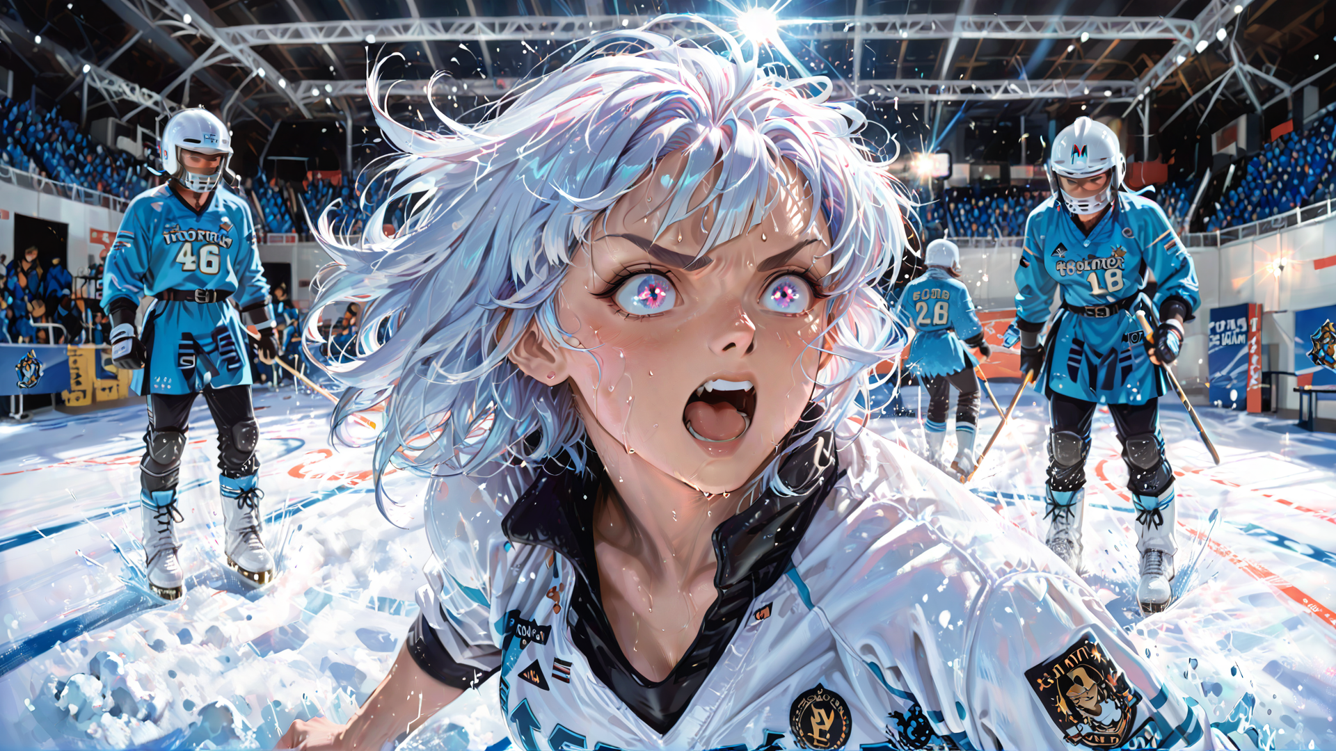 AI generated wallpaper featuring hockey player, ice rink, helmet, hockey stick, jersey, gloves, ice, arena, spectator, uniform
