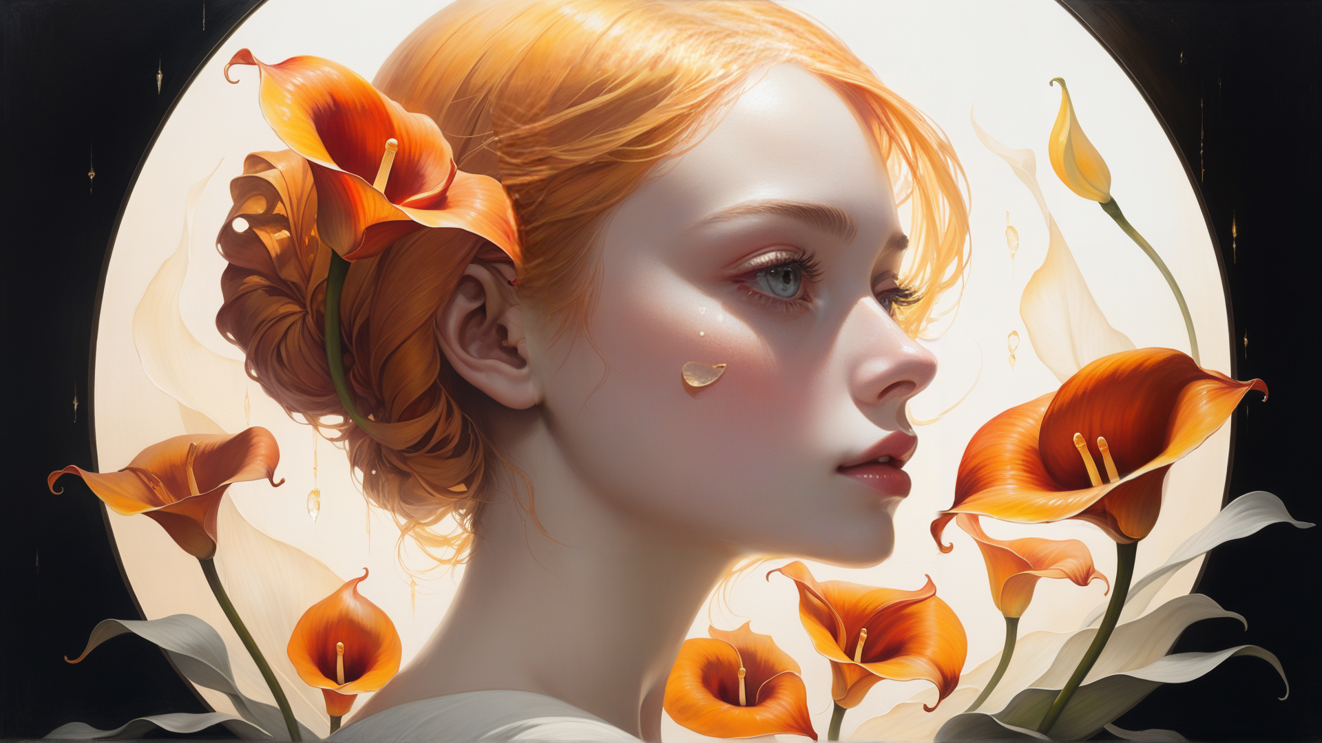 AI generated wallpaper featuring woman, calla lily