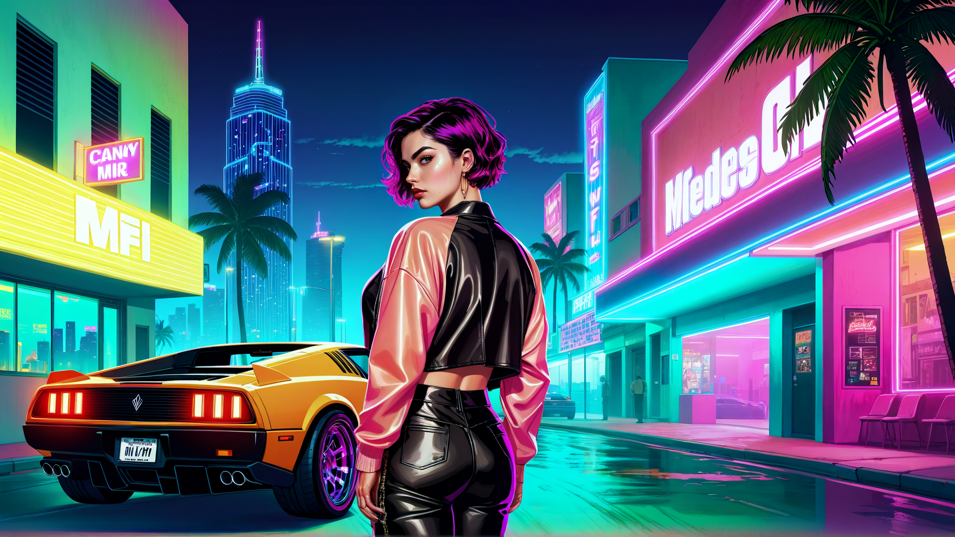 AI generated wallpaper featuring woman, car, neon, city, palm tree