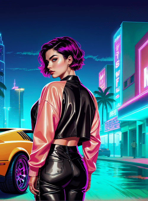 woman, car, neon, city, palm tree