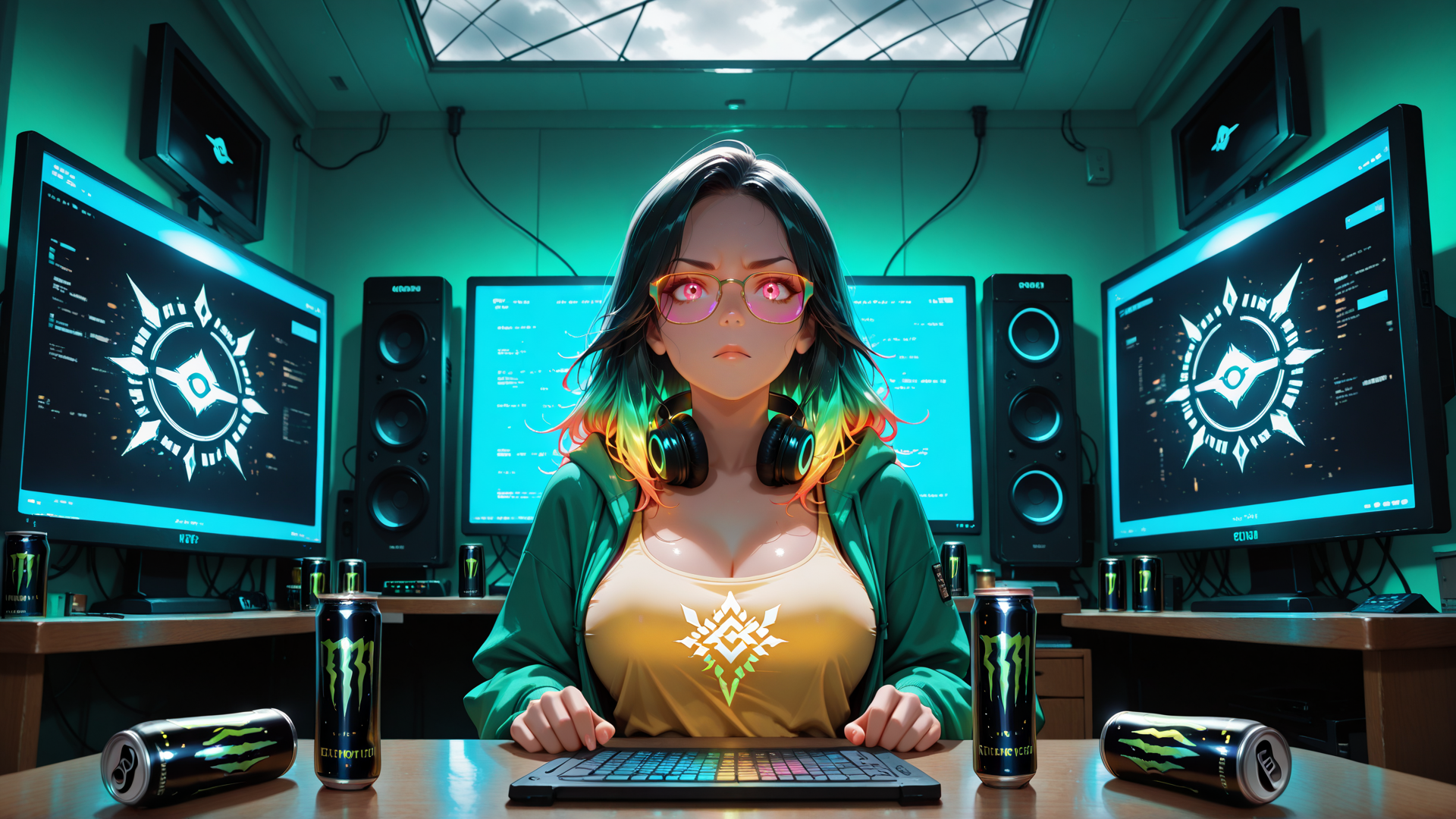 AI generated wallpaper featuring woman, gamer, headphones, monitor, keyboard, cans