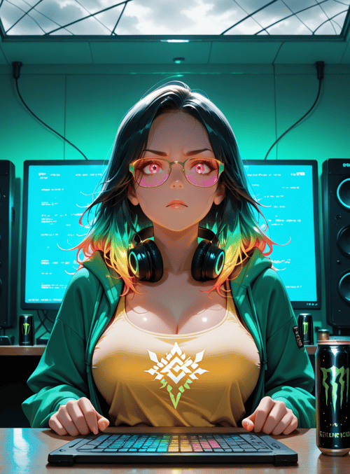 woman, gamer, headphones, monitor, keyboard, cans