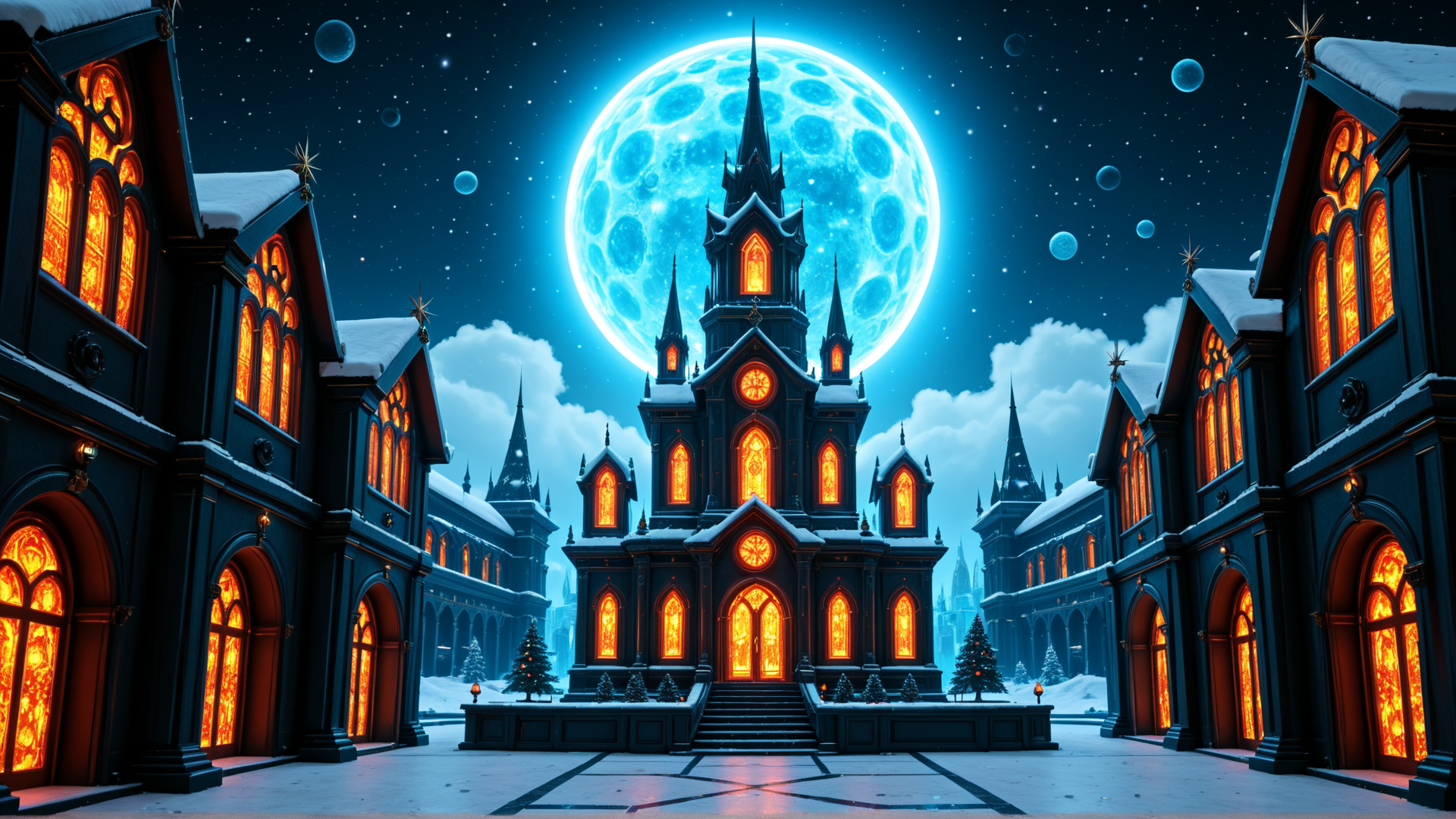 AI generated wallpaper featuring church, buildings, moon, window, snow, street, tree, staircase, sky, stars