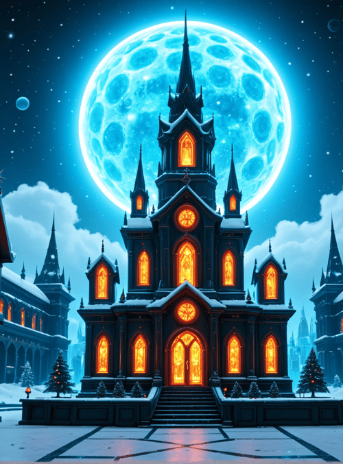 church, buildings, moon, window, snow, street, tree, staircase, sky, stars