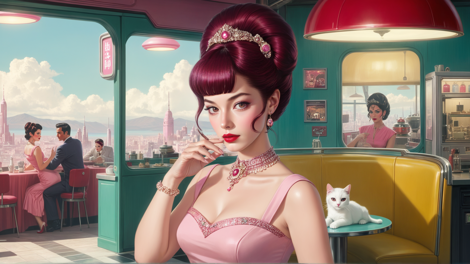 AI generated wallpaper featuring woman, cat, diner