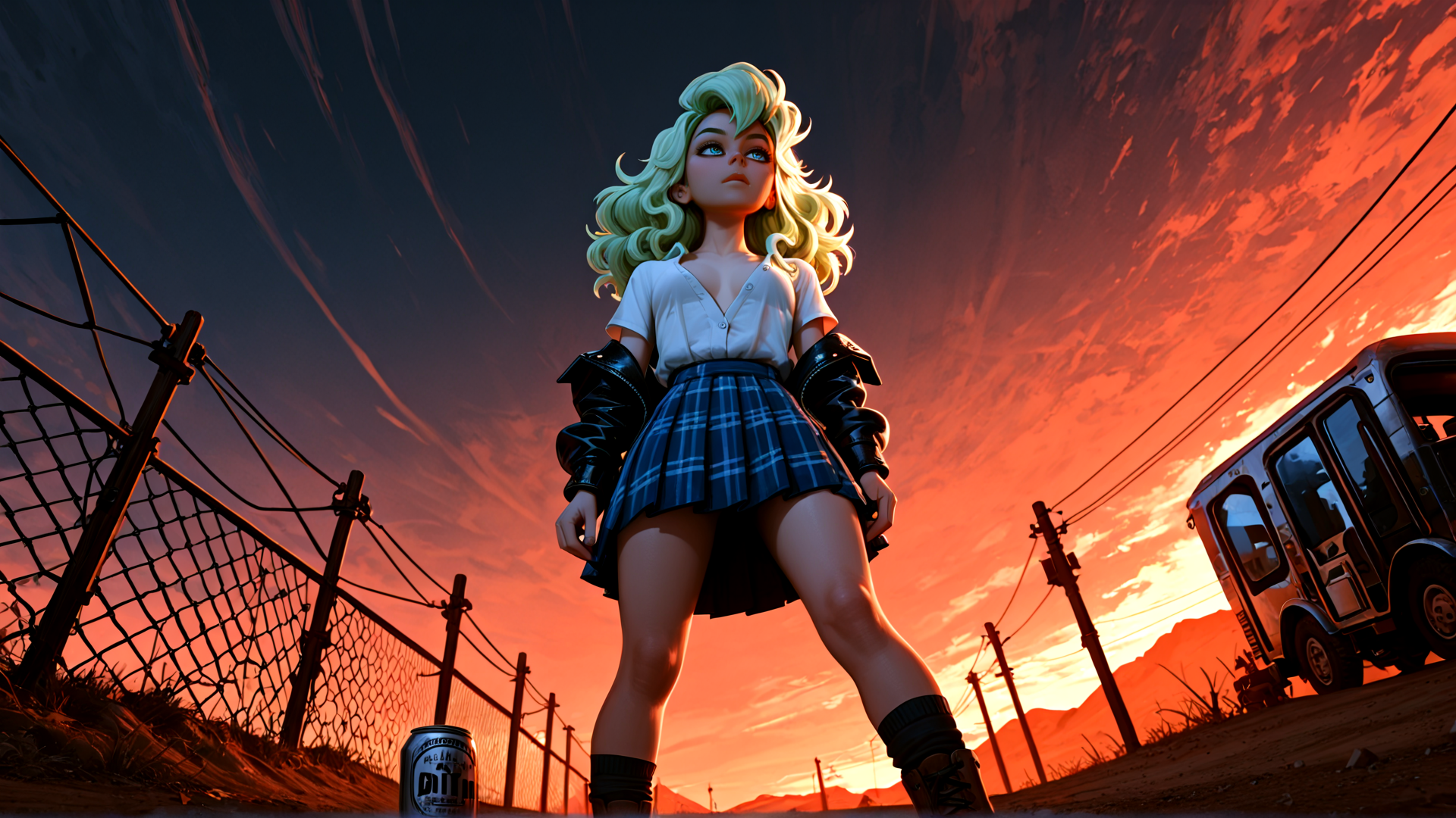 AI generated wallpaper featuring girl, fence, bus, can, sky
