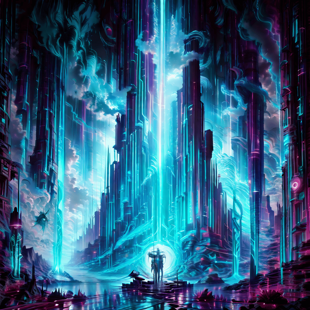 AI generated wallpaper featuring city, person, structure