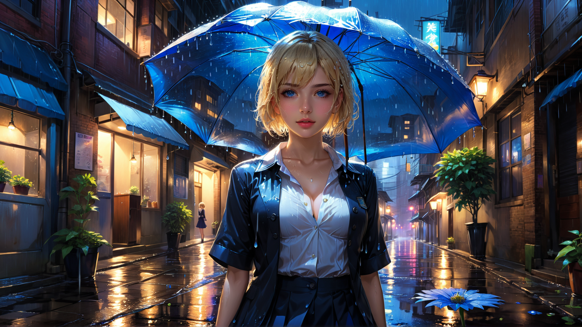 AI generated wallpaper featuring woman, umbrella, street, rain, flower, building, shop, plant, light, reflection