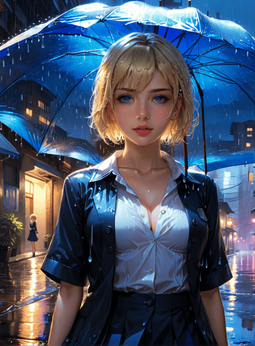 woman, umbrella, street, rain, flower, building, shop, plant, light, reflection
