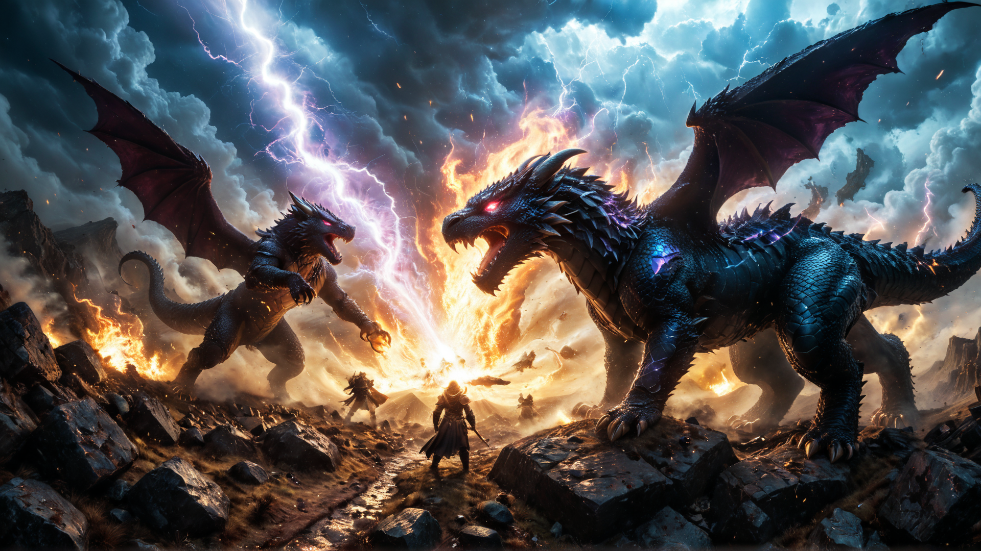 AI generated wallpaper featuring dragons, warrior, battle