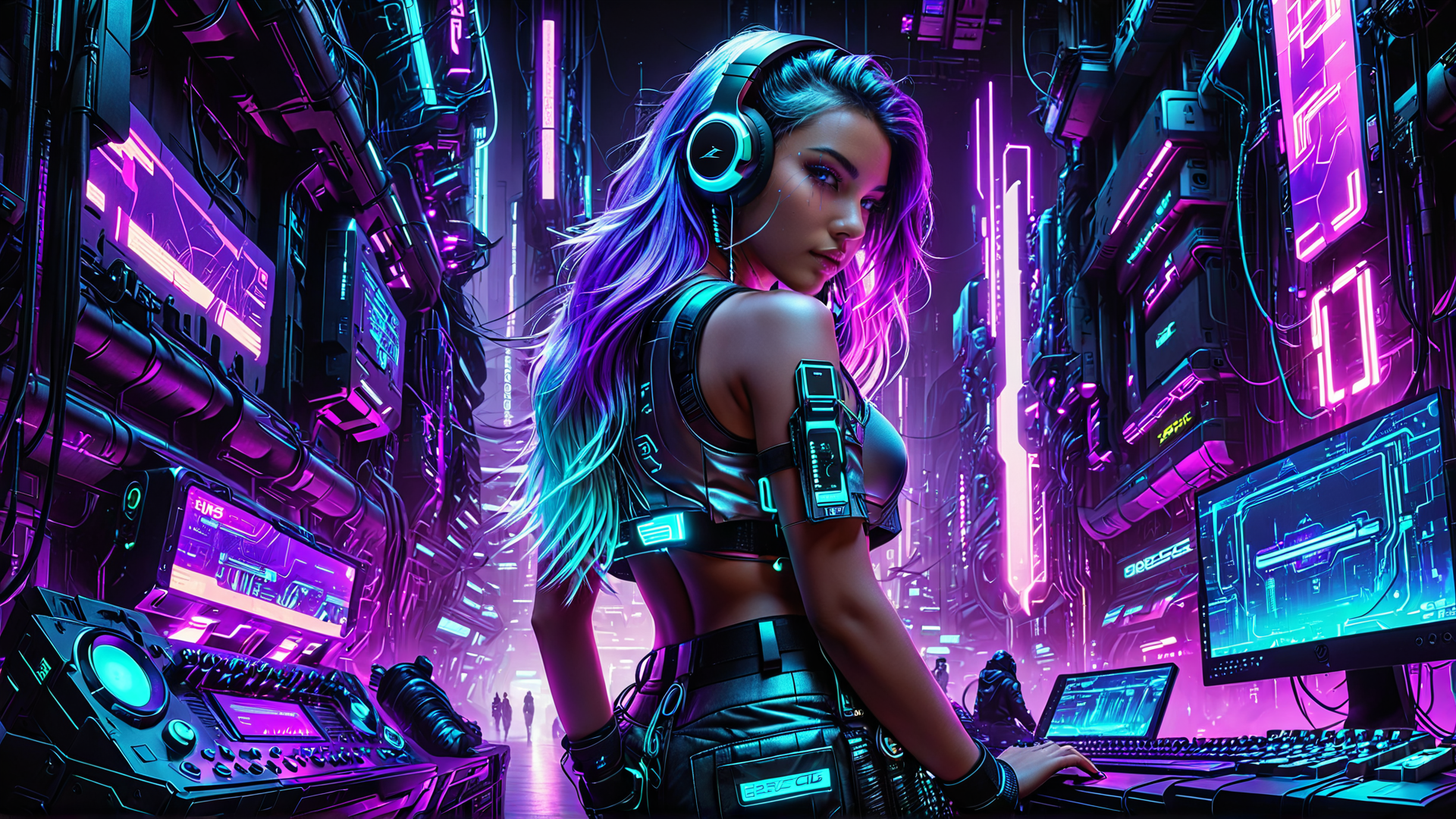 AI generated wallpaper featuring woman, cyberpunk, tech