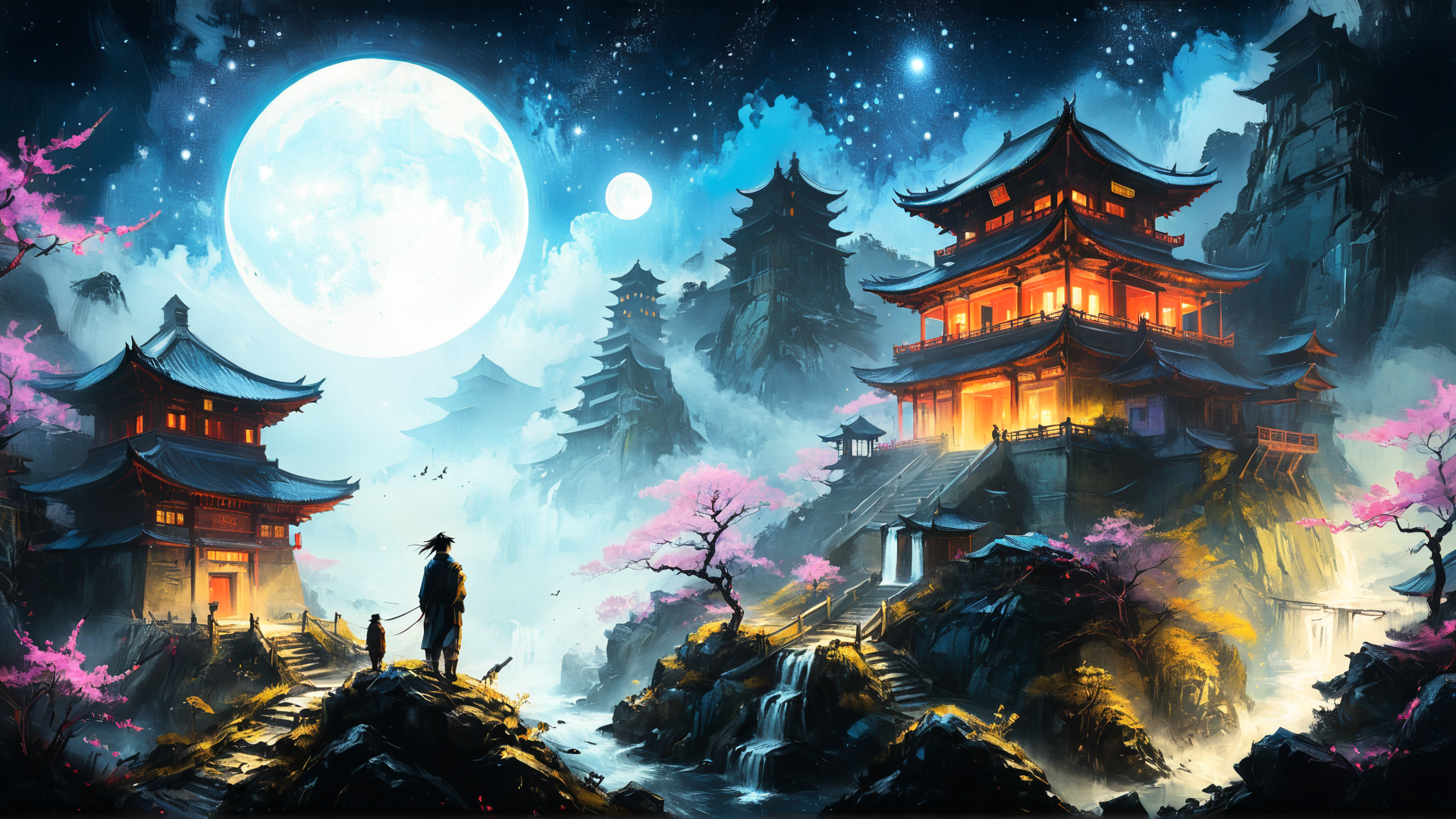 AI generated wallpaper featuring temple, moon, cherry blossom, mountain, person, pagoda, waterfall, staircase, sky, cloud