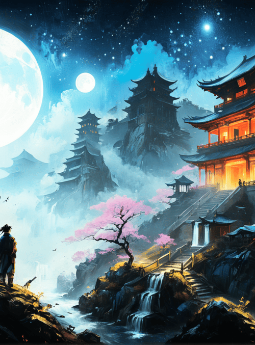 temple, moon, cherry blossom, mountain, person, pagoda, waterfall, staircase, sky, cloud