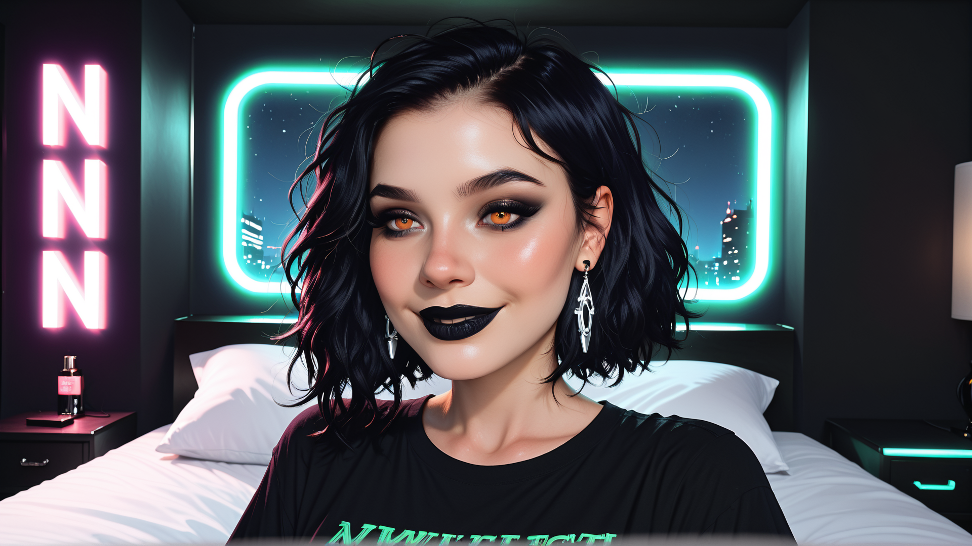 AI generated wallpaper featuring woman, bedroom, neon, cityscape, headboard, pillow, nightstand, earrings, t-shirt, hair
