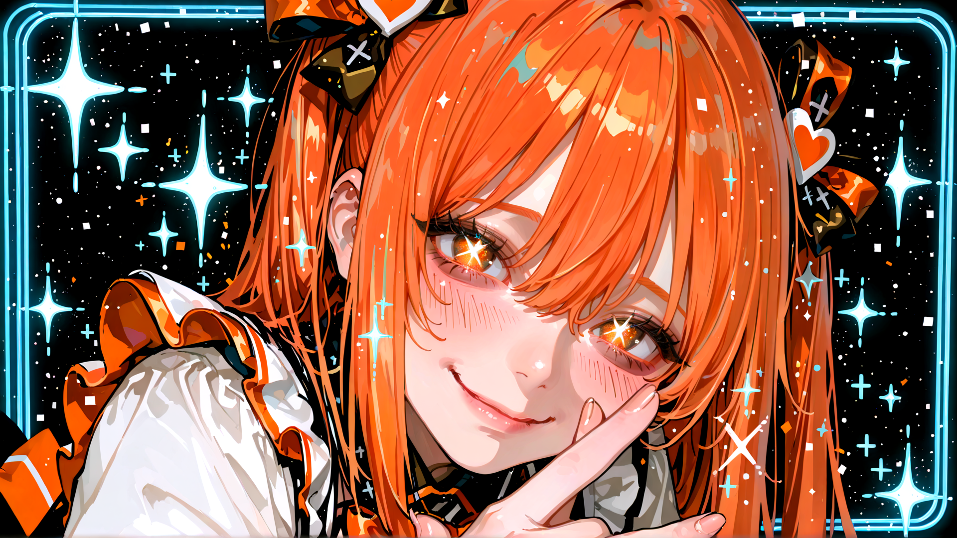 AI generated wallpaper featuring girl, anime, character, hair, bow, hand, eye, star, light, smile