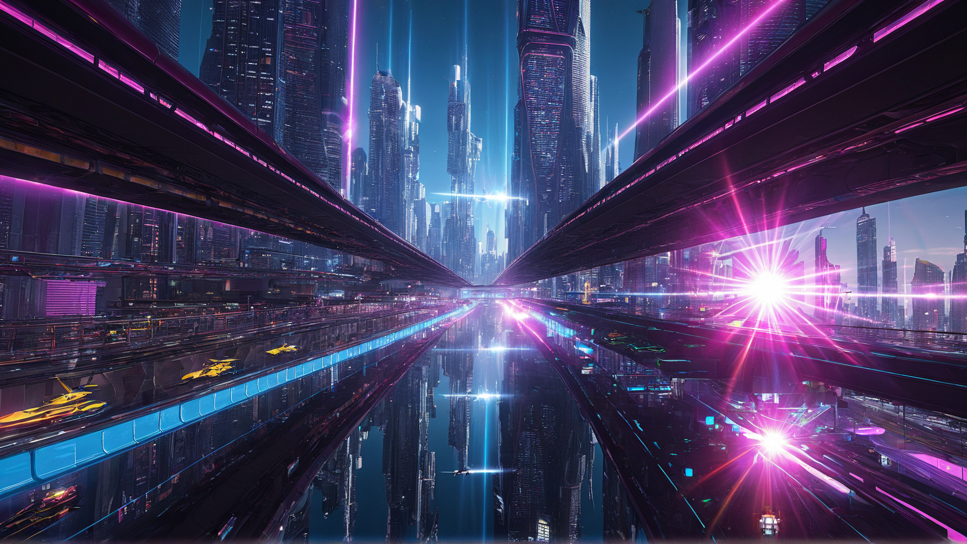 AI generated wallpaper featuring cityscape, skyscrapers, futuristic