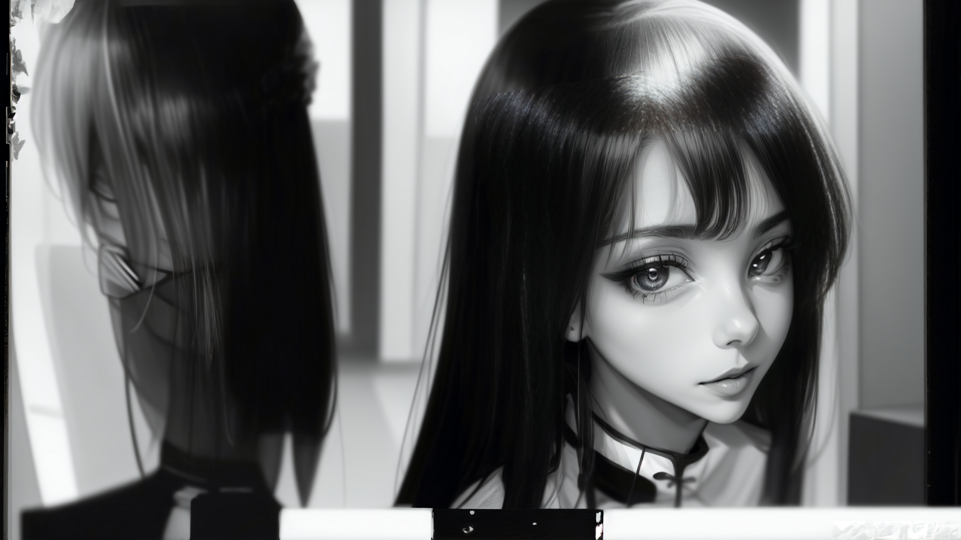 AI generated wallpaper featuring girl, mirror, reflection