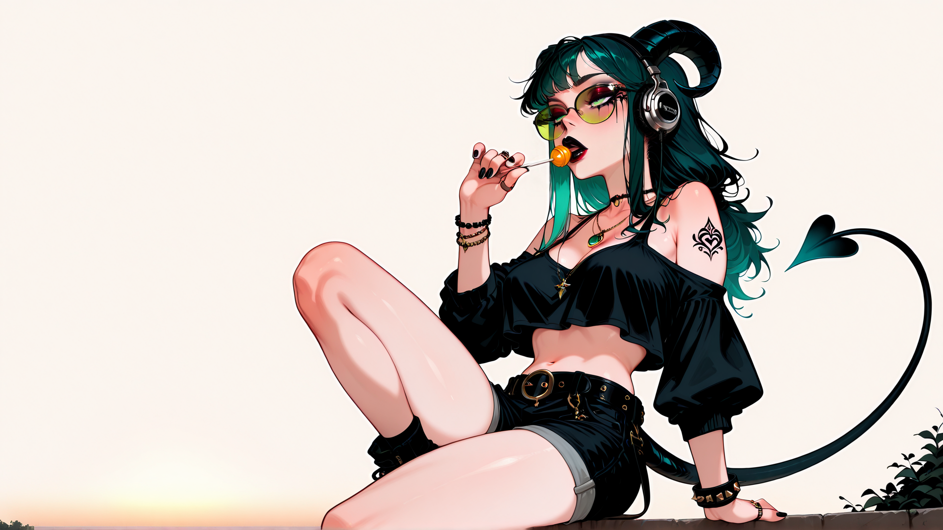 AI generated wallpaper featuring girl, devil, lollipop, headphones, tail, sunglasses