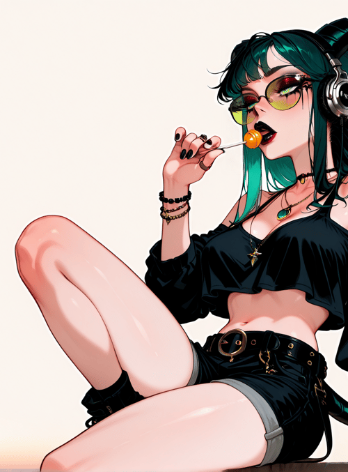 girl, devil, lollipop, headphones, tail, sunglasses