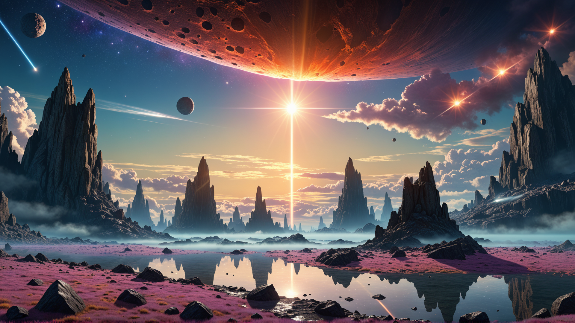 AI generated wallpaper featuring mountains, planet, landscape