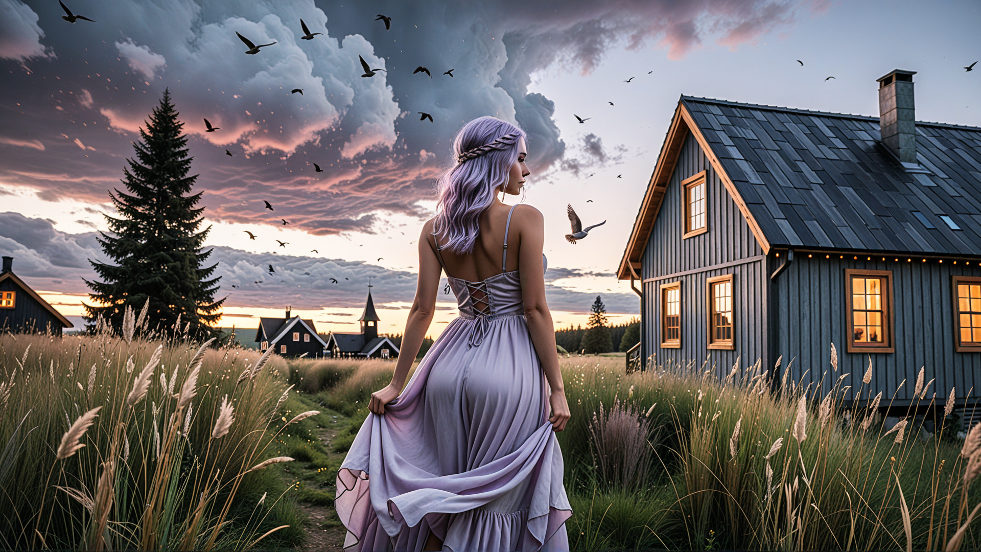 AI generated wallpaper featuring woman, house, trees, birds, field