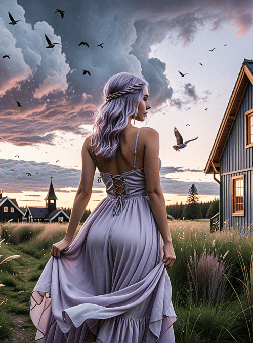 woman, house, trees, birds, field