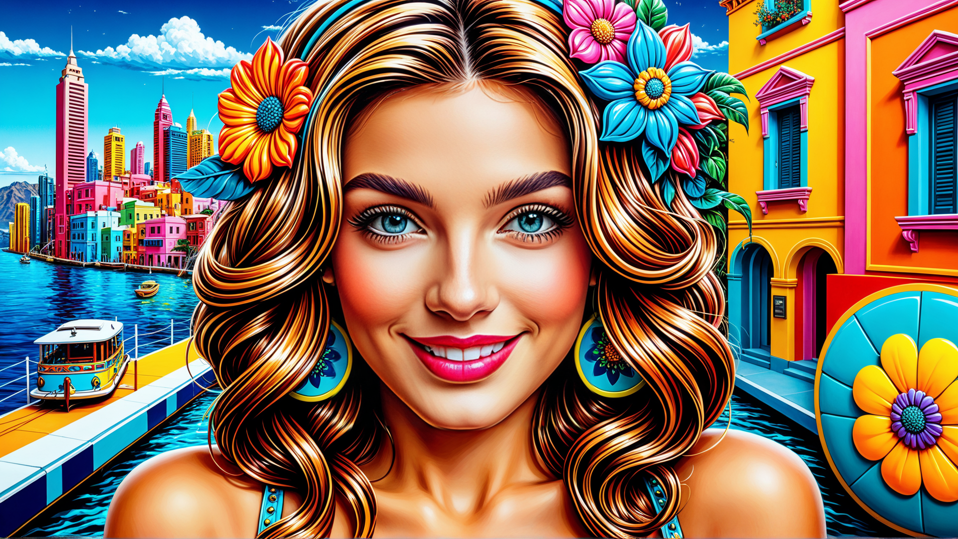 AI generated wallpaper featuring woman, flowers, cityscape, boat, buildings