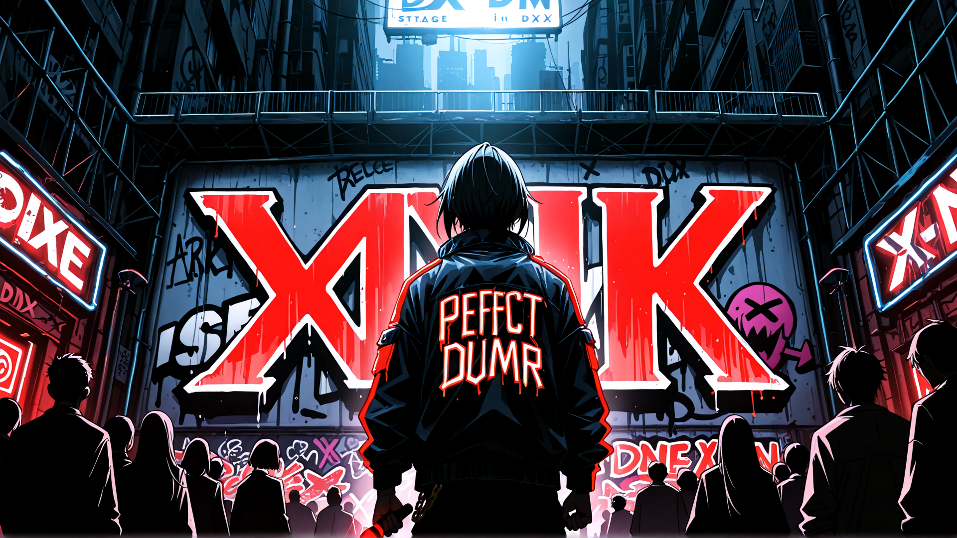 AI generated wallpaper featuring person, crowd, graffiti, neon sign, cityscape, jacket, signboard, building, silhouette, text