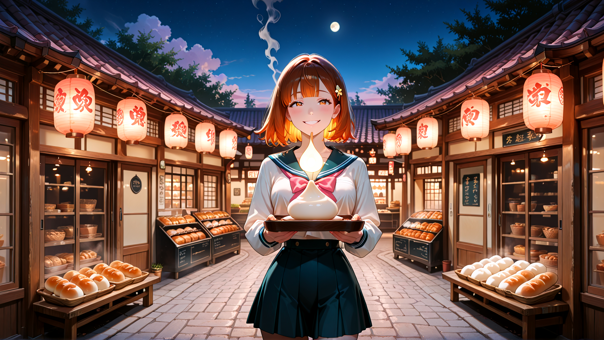AI generated wallpaper featuring girl, bread, lantern, market, bakery, moon, girl, buns, noodle, sailor