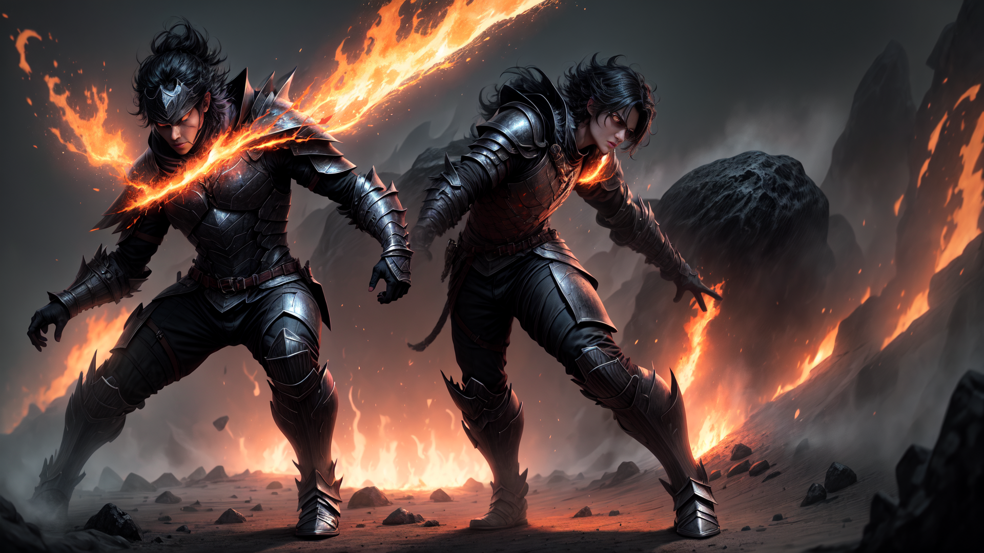 AI generated wallpaper featuring warrior, fire, armor