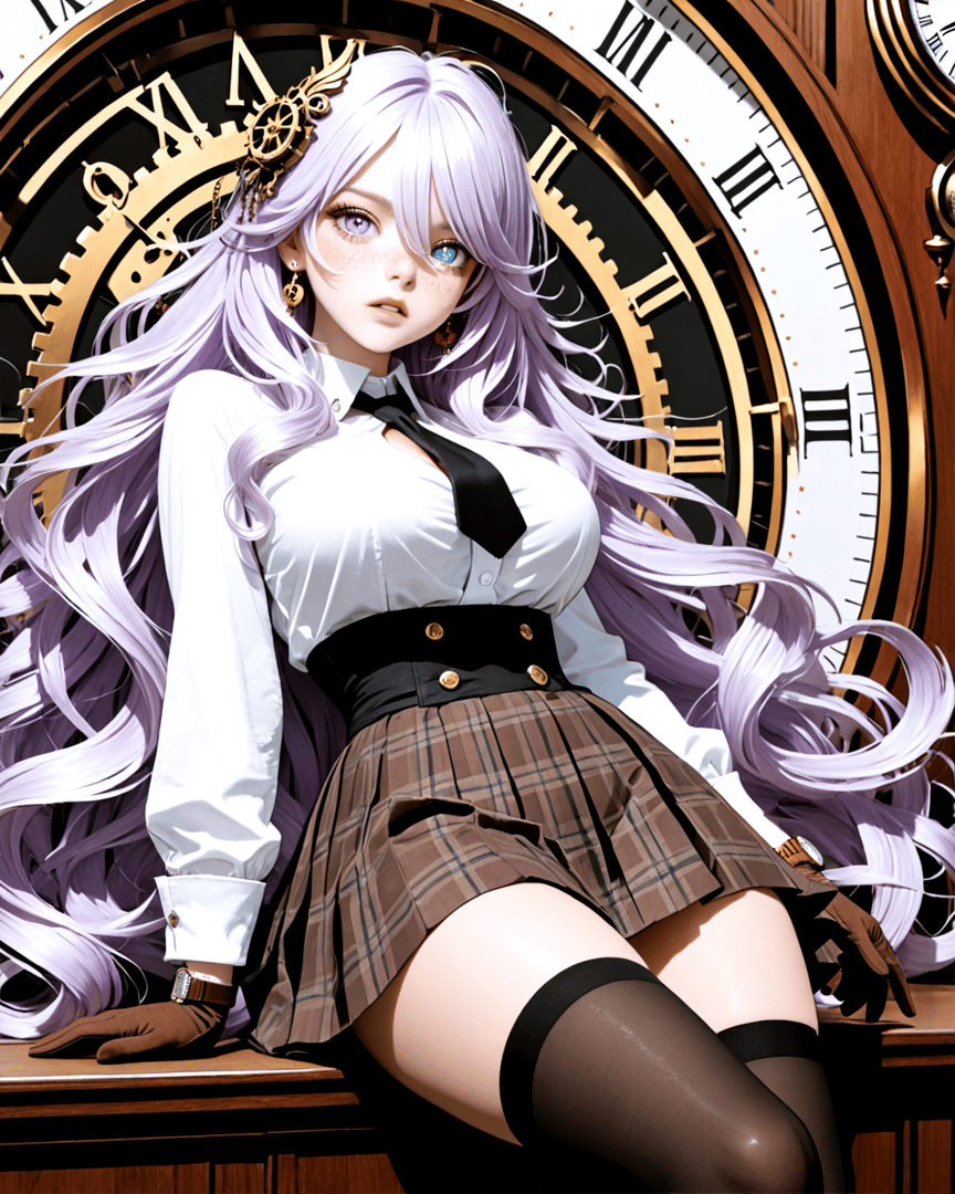 AI generated wallpaper featuring girl, clock, gloves, plaid skirt, tie, gloves, watch, hair, gears, shirt
