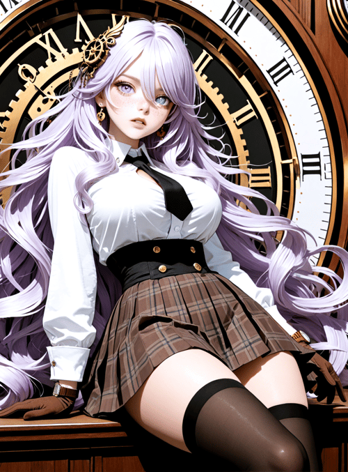 girl, clock, gloves, plaid skirt, tie, gloves, watch, hair, gears, shirt