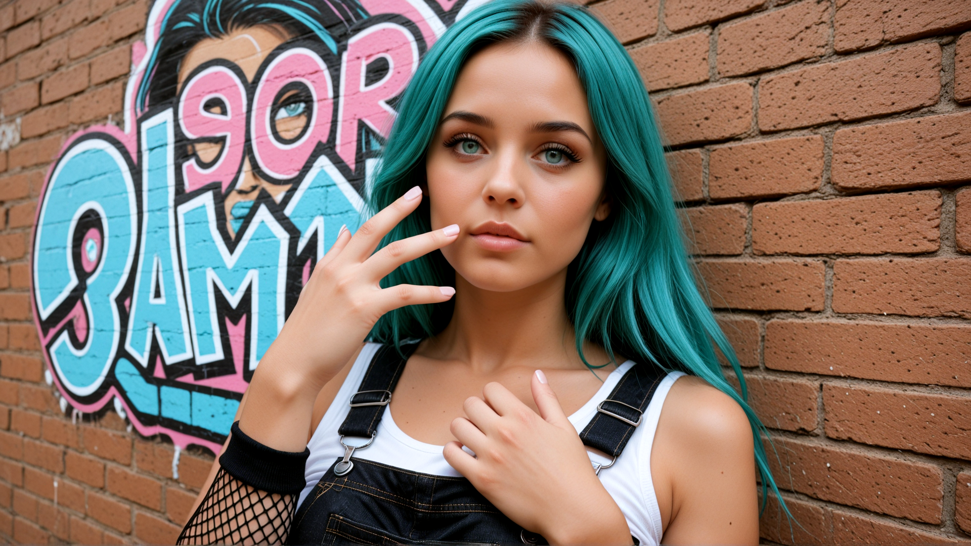 AI generated wallpaper featuring woman, graffiti, brick wall, overalls, hair