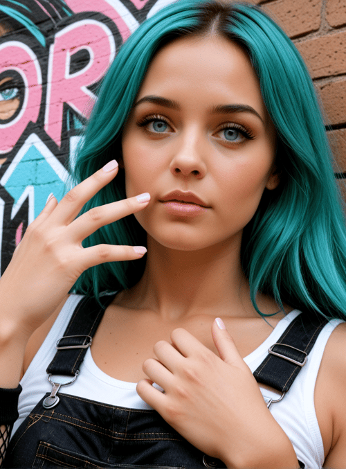 woman, graffiti, brick wall, overalls, hair