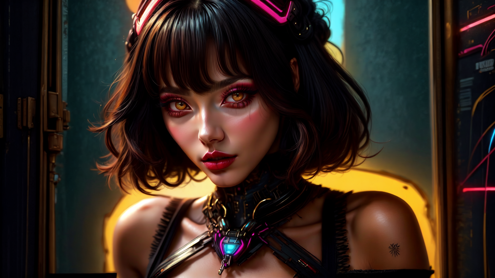 AI generated wallpaper featuring cyberpunk, woman, robot, goggles, choker, tattoo, neon, futuristic, outfit, hair