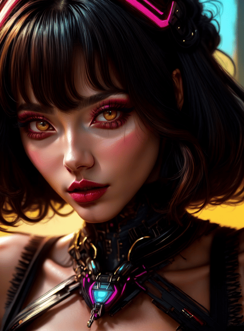 cyberpunk, woman, robot, goggles, choker, tattoo, neon, futuristic, outfit, hair