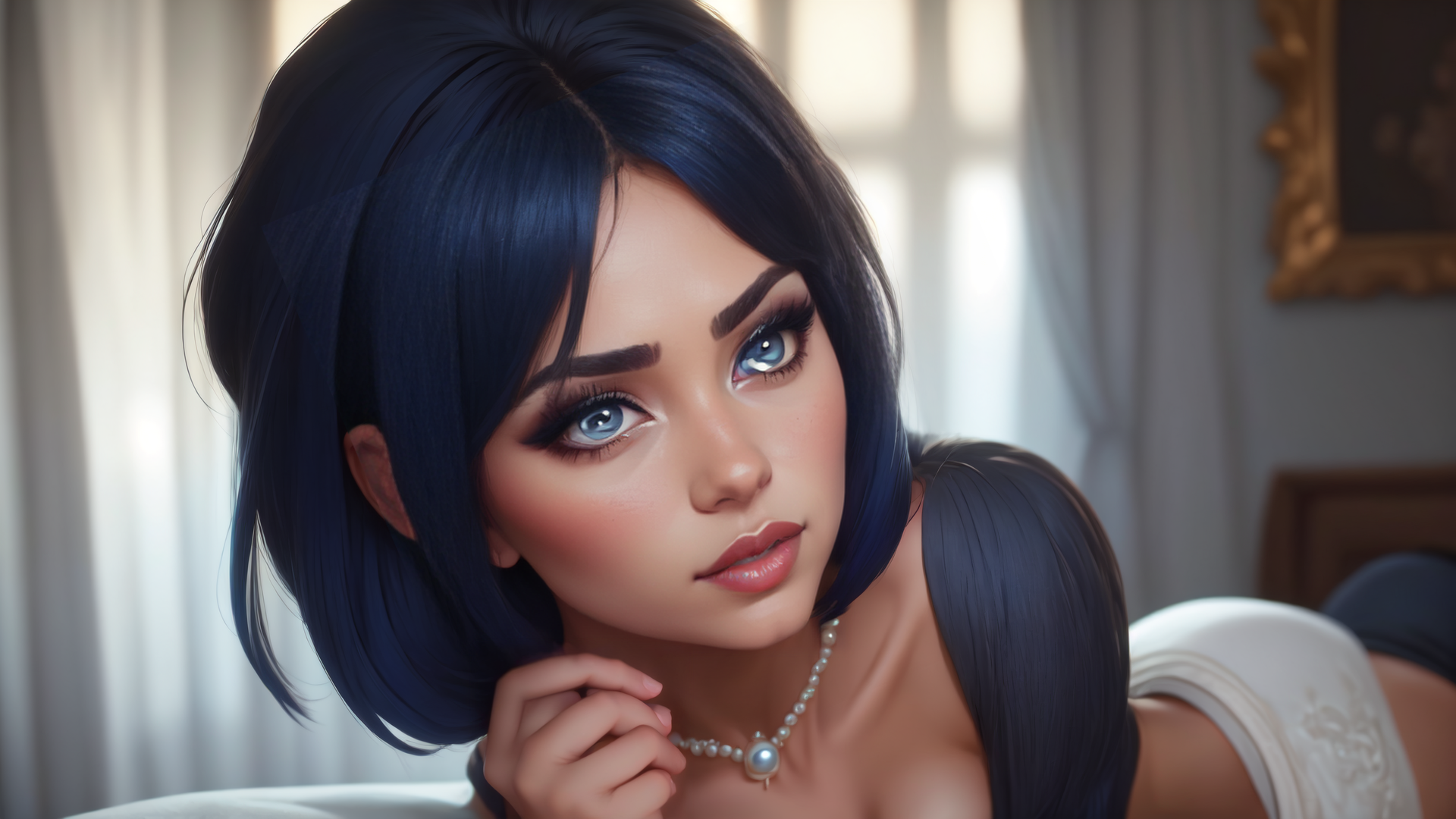 AI generated wallpaper featuring woman, pearl necklace, blue hair