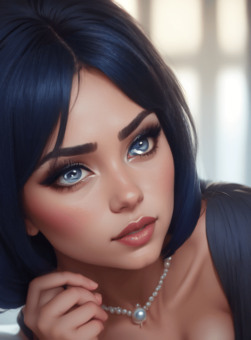 woman, pearl necklace, blue hair