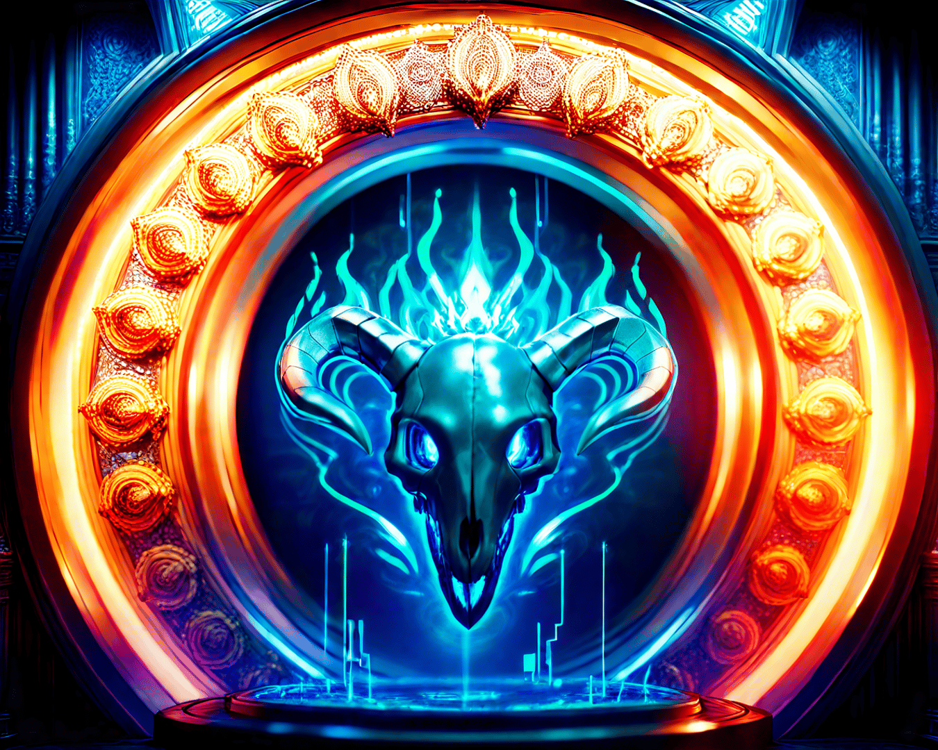 AI generated wallpaper featuring ram skull, portal, neon