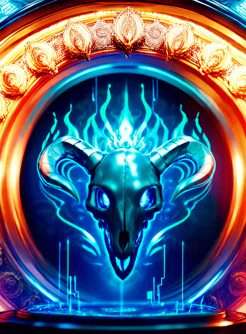 ram skull, portal, neon
