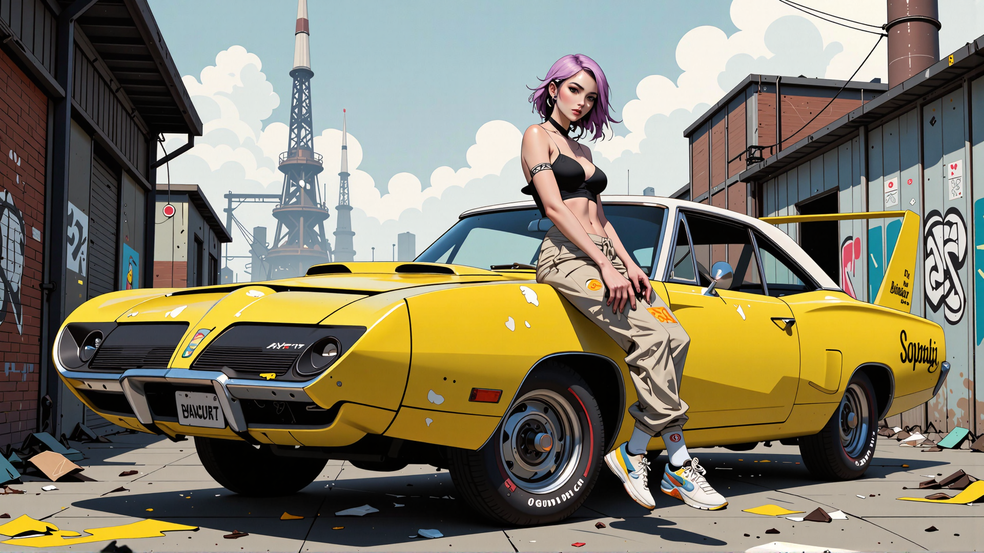 AI generated wallpaper featuring woman, car, graffiti, street, urban, tires, building, skyscraper, sneakers, sweatpants