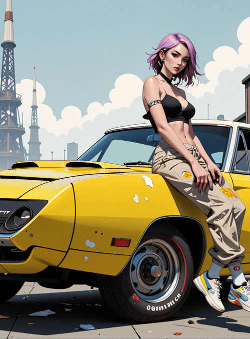 woman, car, graffiti, street, urban, tires, building, skyscraper, sneakers, sweatpants