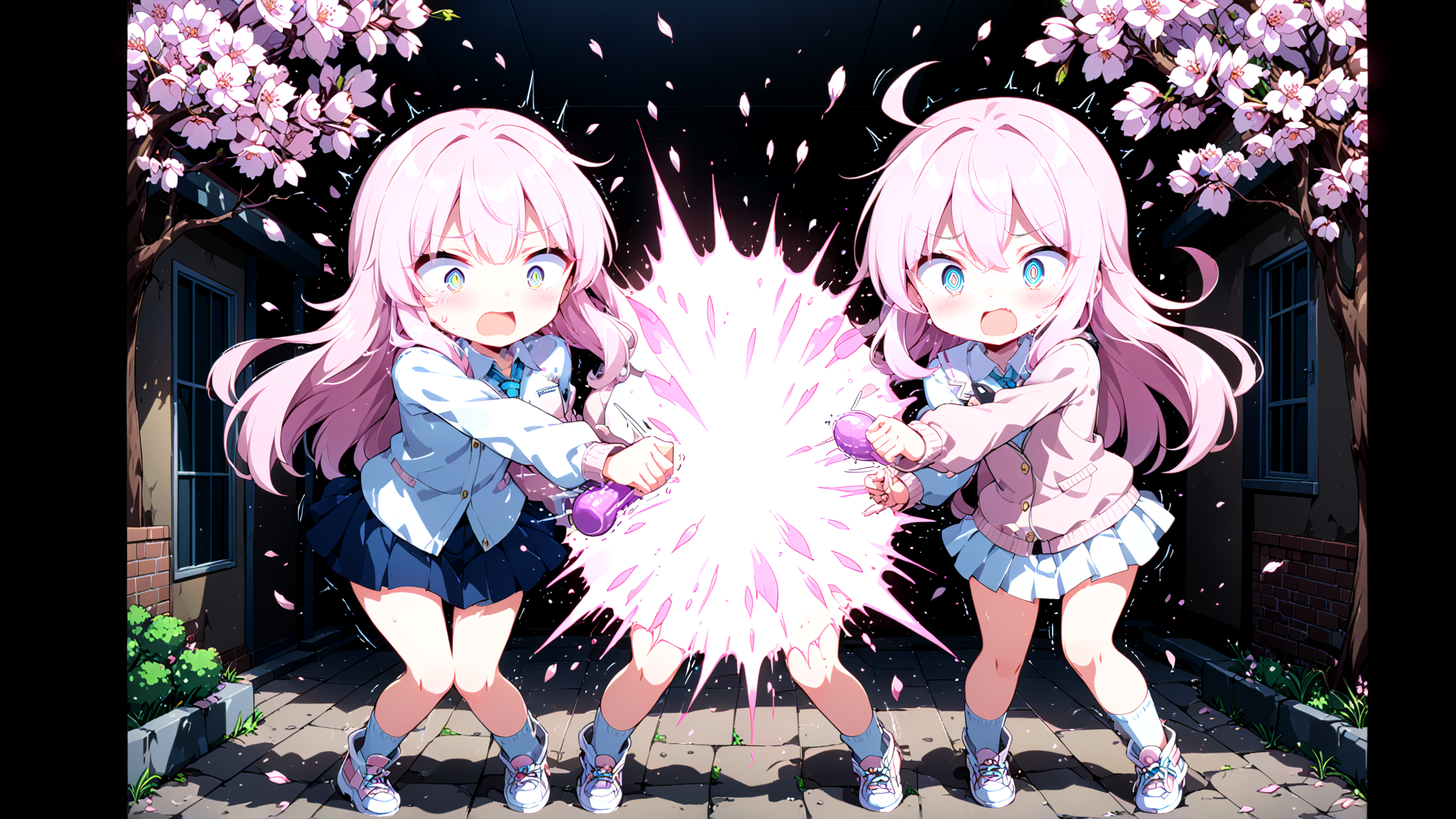 AI generated wallpaper featuring girls, cherry blossoms, bottles