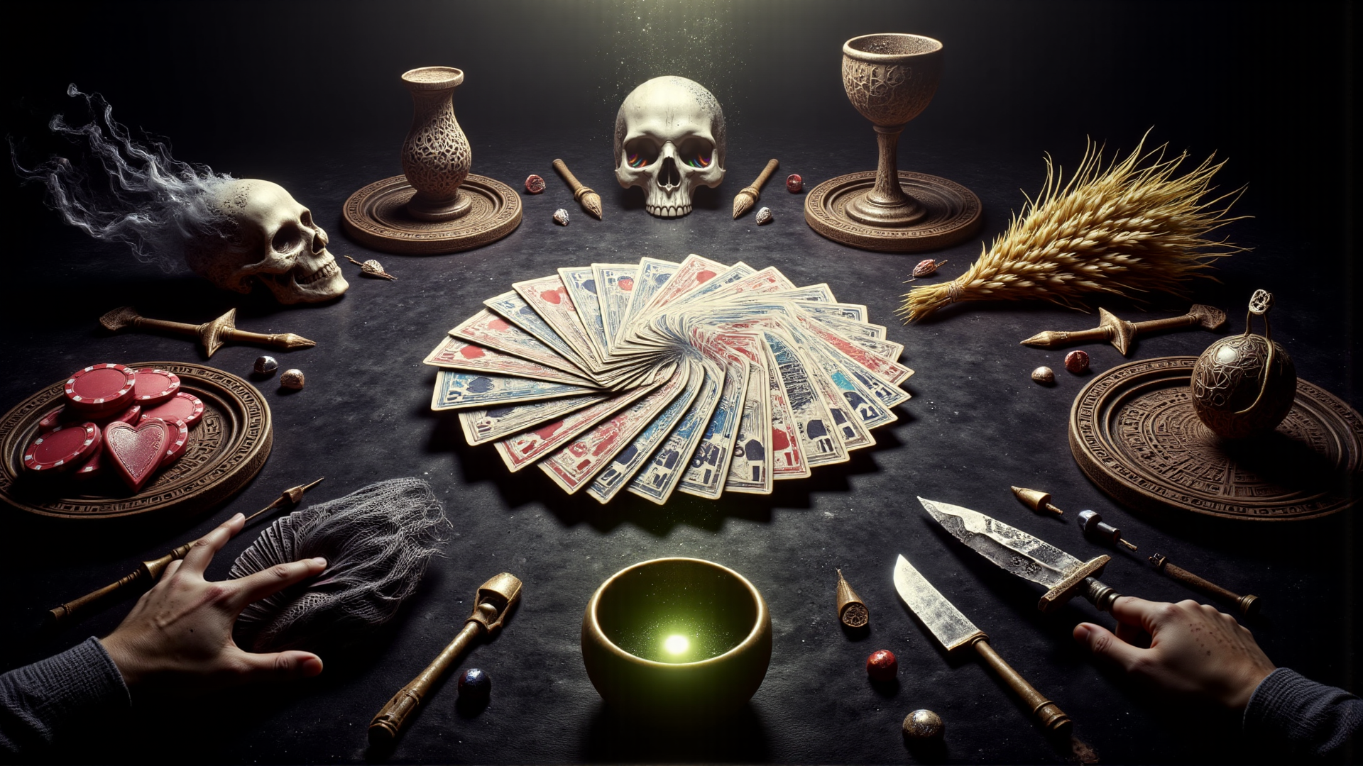 AI generated wallpaper featuring cards, skulls, weapons