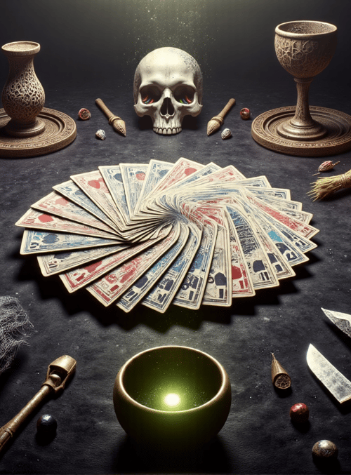 cards, skulls, weapons
