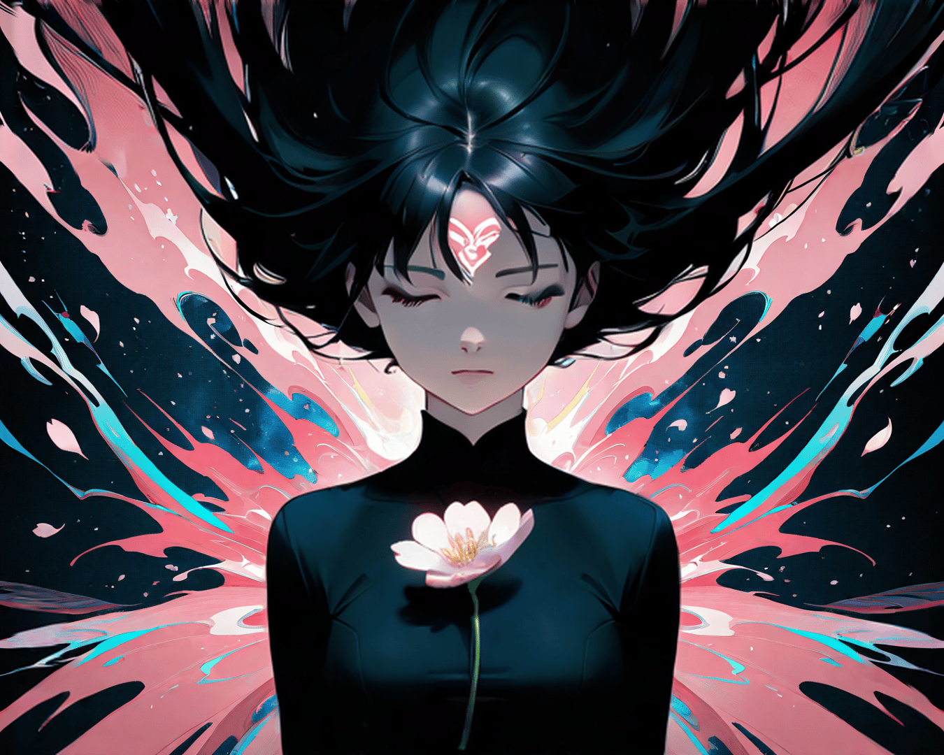 AI generated wallpaper featuring girl, flower, hair